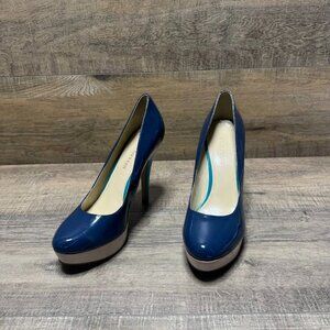 Enzo Angiolini Easmiles Blue Leather Platform Heels Women's Size 8.5